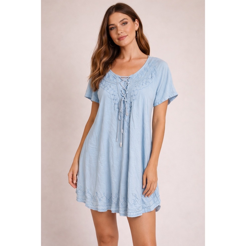 etc. Womens XL Blue Embroidered Lace Up V-Neck Asymmetrical Tunic Dress Boho